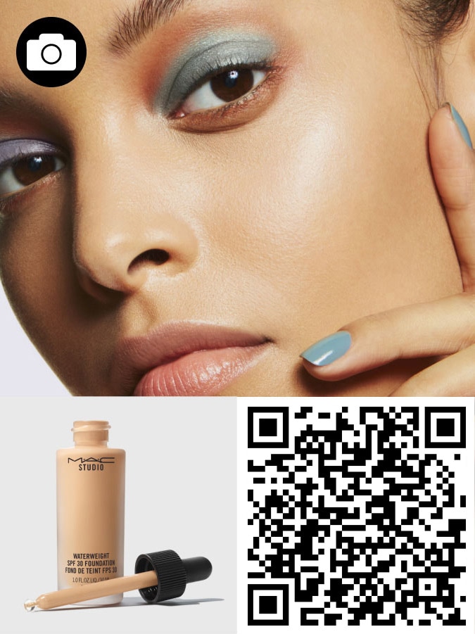 QR code and model's face for STUDIO WATERWEIGHT SPF 30 FOUNDATION.